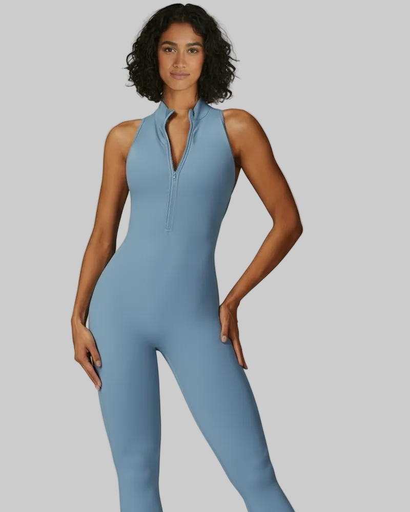Woman wearing a light blue jumpsuit, gym and workout activewear in canada