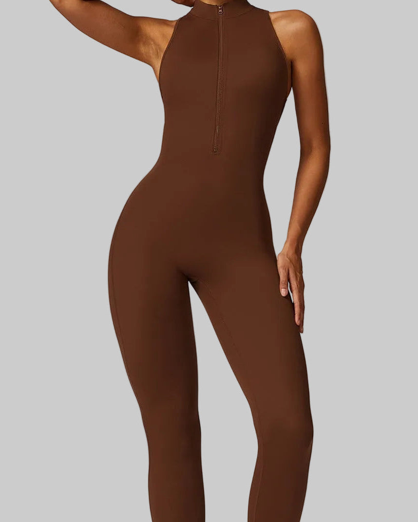 Woman wearing a brown sleveless jumpsuit, gym and workout activewear in canada