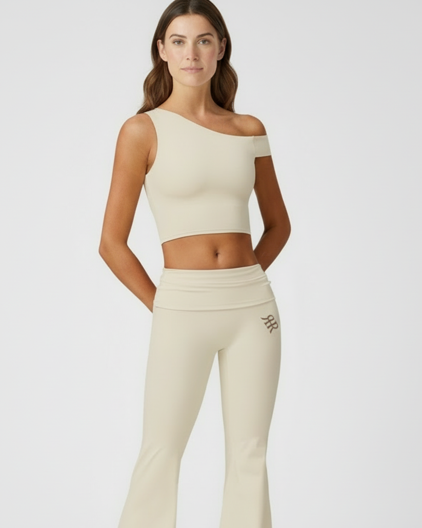 Soft CEO Set - Beige Flare Leggings and Crop Tank Bundle - Front View