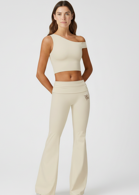Soft CEO Set - Beige Flare Leggings and Crop Tank Bundle - Front View