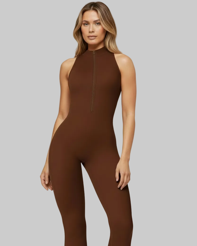 Woman wearing a brown sleveless jumpsuit, gym and workout activewear in canada