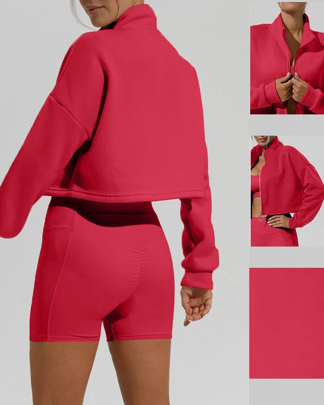 Person wearing a red sweatshirt and shorts set with close-up insets on a gray background