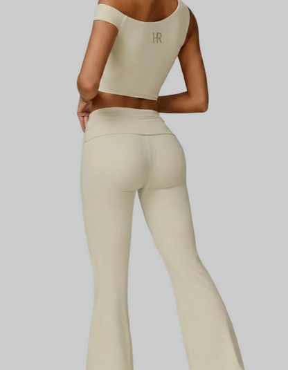 Soft CEO Set - Beige Flare Leggings and Crop Tank Bundle - Back View