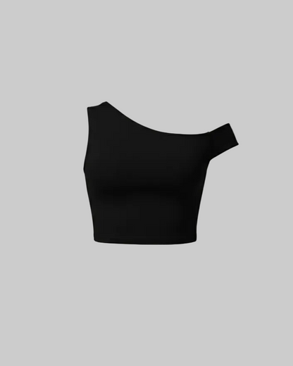 Soft CEO Set - Black one-shoulder top on a light gray background