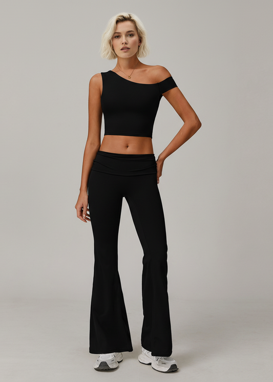 Soft CEO Set - Black Flare Leggings and Crop Tank Bundle - Front View