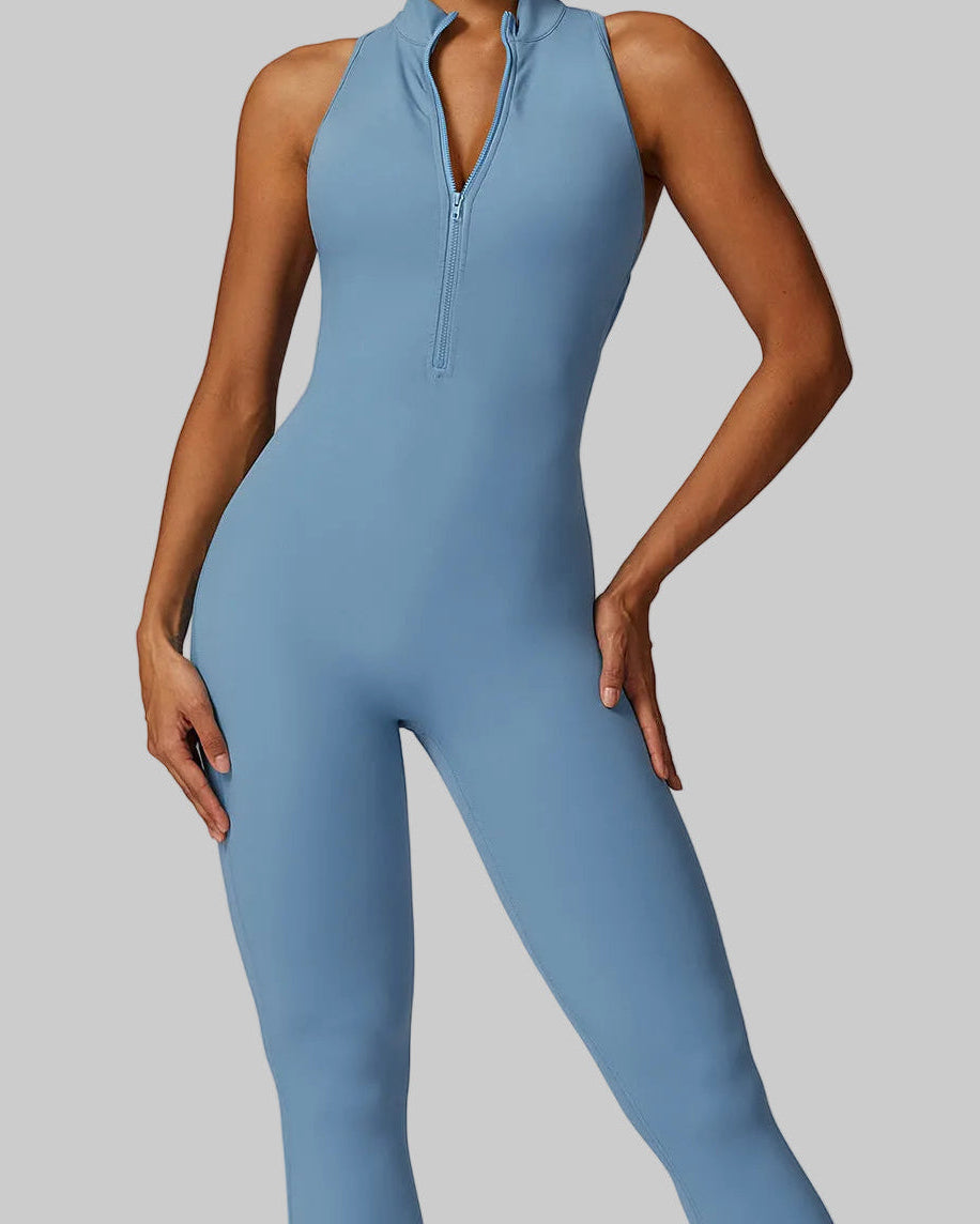 Woman wearing a light blue jumpsuit, gym and workout activewear in canada