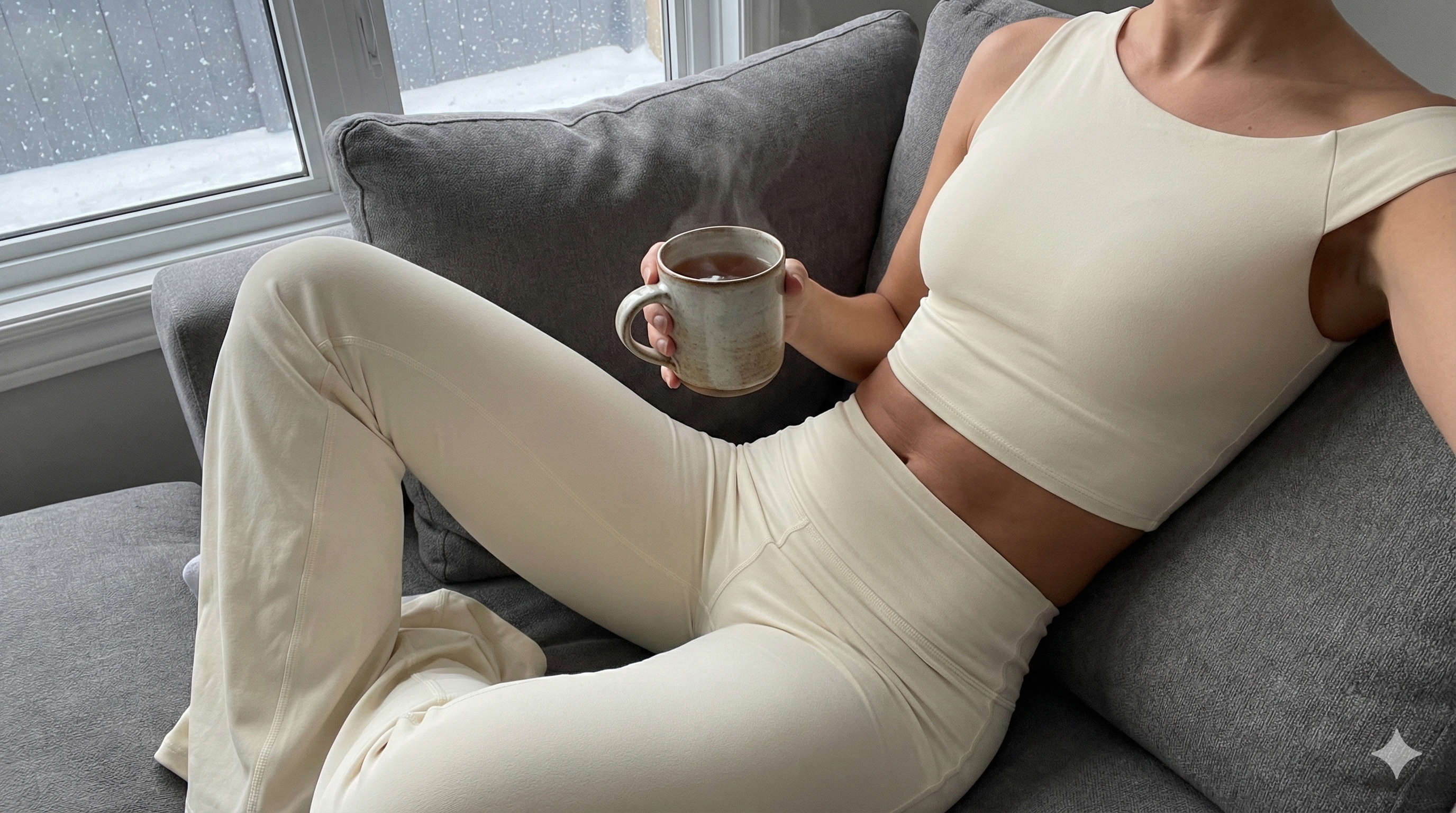 Woman wearing Hey Rosie soft lounge set in neutral tones